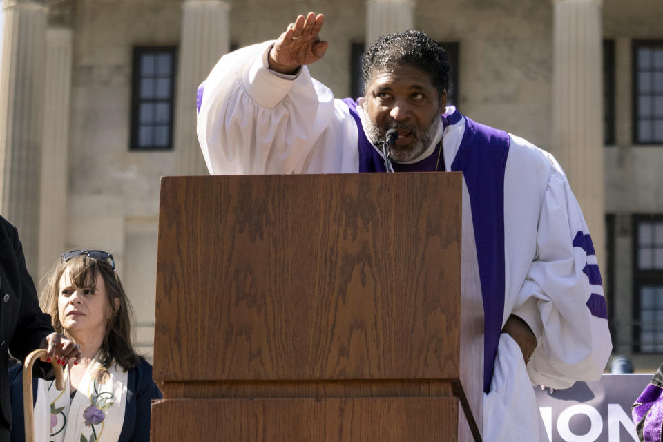 Rev. William J. Barber delivers remarks during a Tennessee Moral Monday rally against gun violence outside the state Capitol Monday, April 17, 2023, in Nashville, Tenn. (AP Photo/George Walker IV)