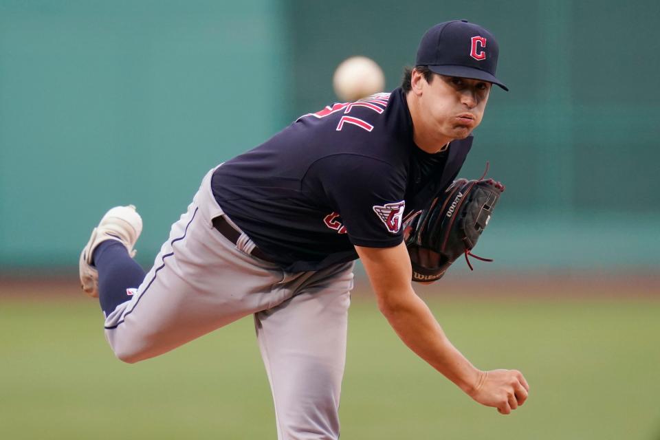 Cleveland Guardians starting pitcher Cal Quantrill delivers during the first inning of the team's baseball game against the Boston Red Sox at Fenway Park, Wednesday, July 27, 2022, in Boston. (AP Photo/Charles Krupa)