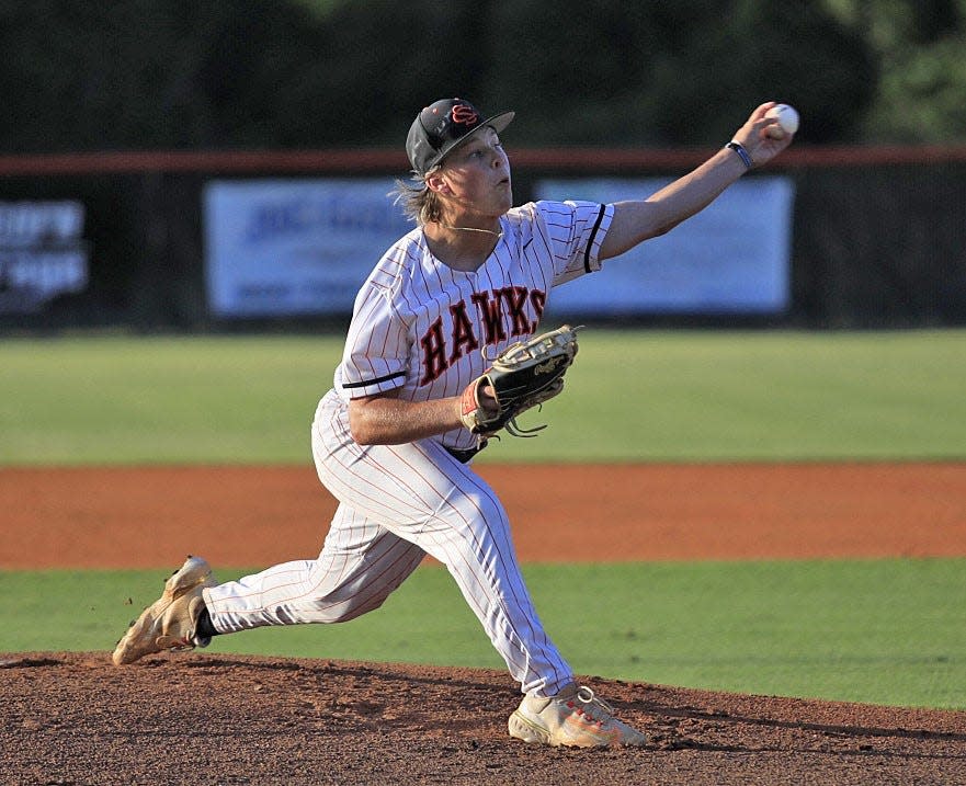 Spruce Creek's Shane Lavin (12) struck out five batters and allowed just two runs across six innings against Timber Creek Friday.