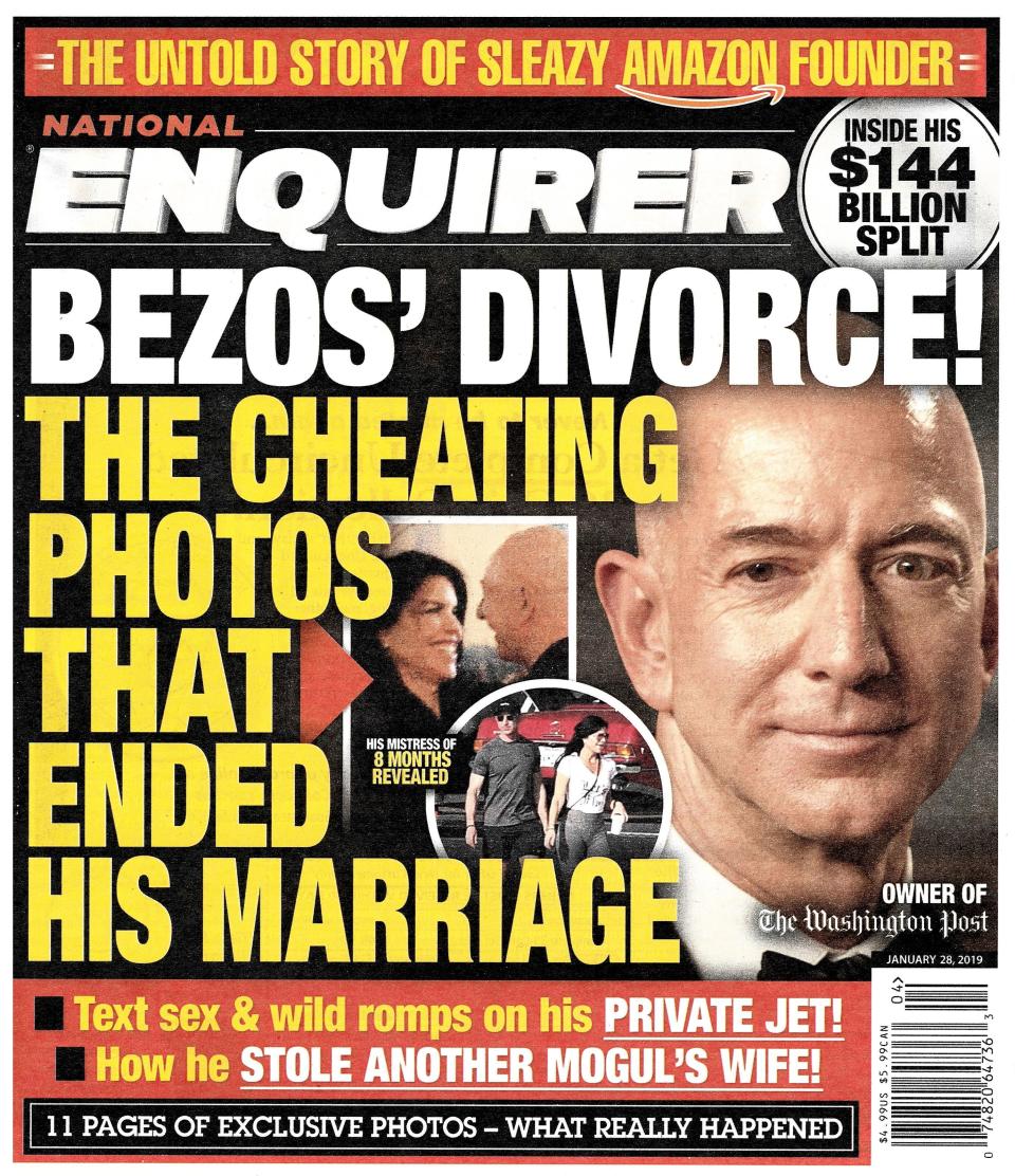 The front page of the Jan. 28, 2019, edition of the National Enquirer featuring a story about Amazon founder and CEO Jeff Bezos' divorce.