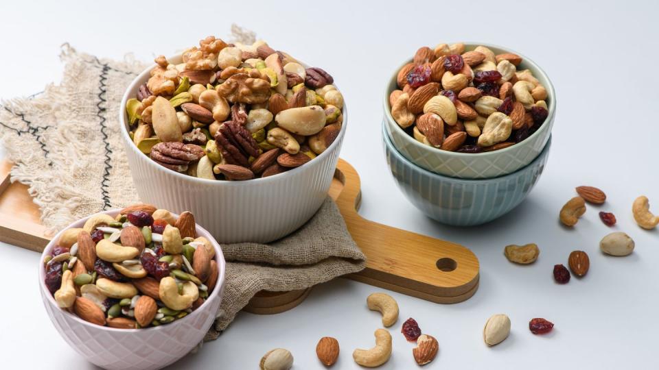 high angle view of nuts in bowl on table