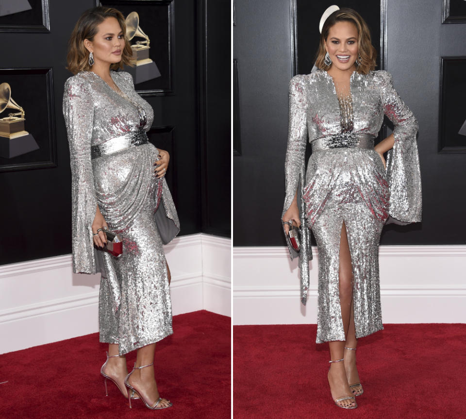 <p>Last but not least war auch die wunderbare Chrissy Teigen anwesend. Für deren süßen Pailletten-Look von Yanina Couture interessierte sich allerdings kein Mensch, da alle Blicke auf ihrem Babybäuchlein ruhten! (Bilder: AP) </p>