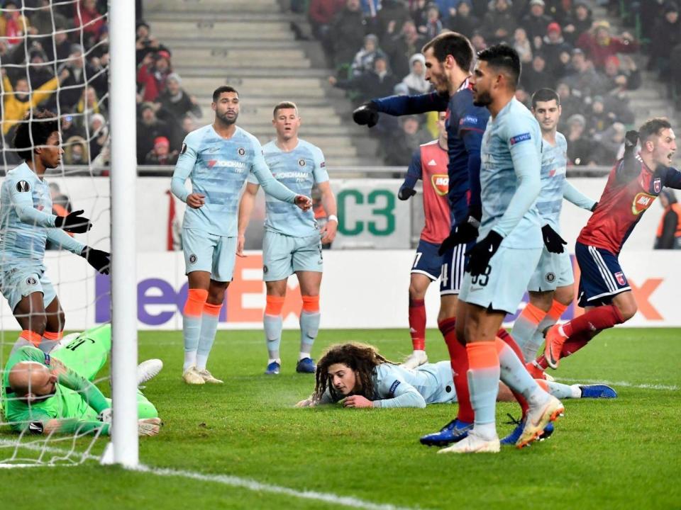 Ethan Ampadu, grounded, sees his diversion beat Willy Caballero (AP)