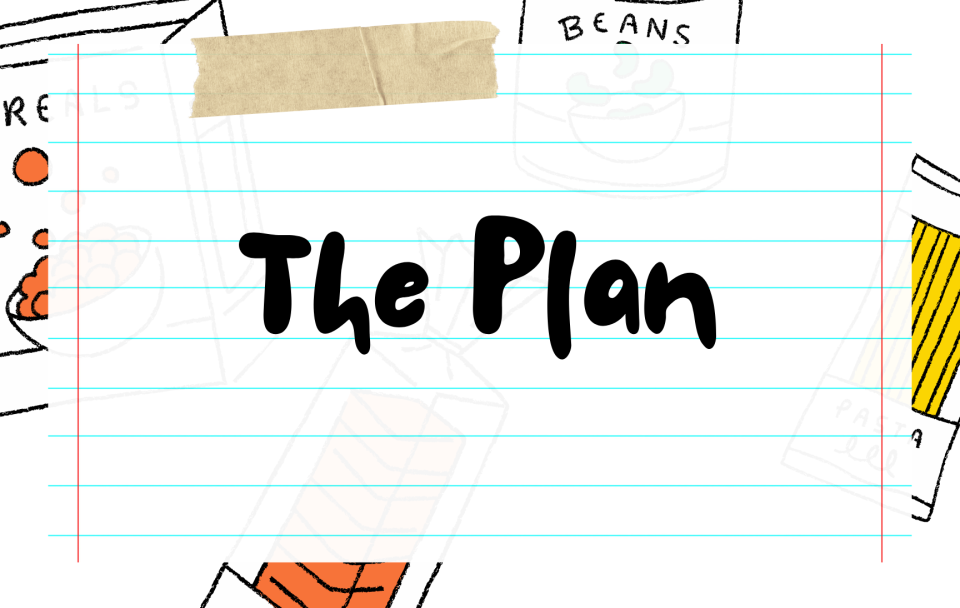 Hand-drawn illustration featuring a meal plan with various doodles of food items like carrots and beans, including text "The Plan"