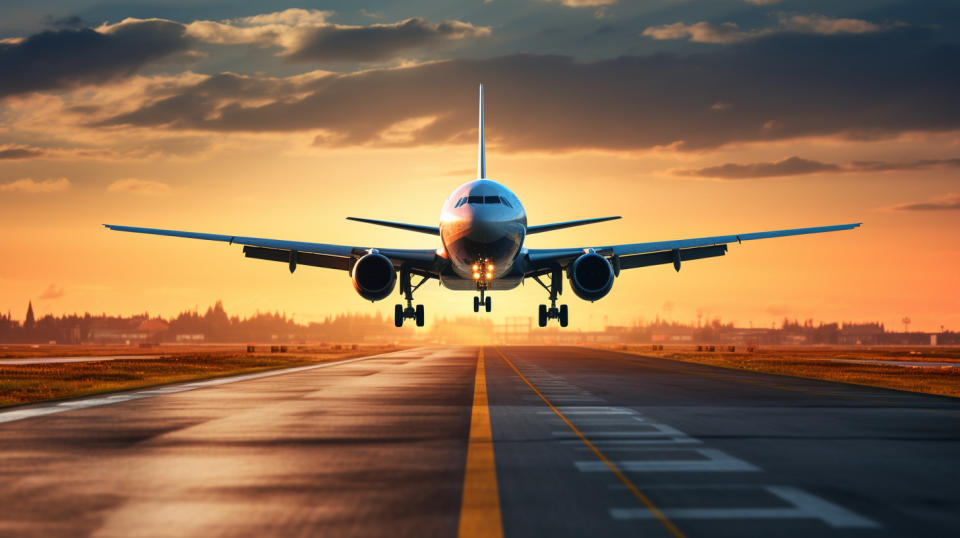 A landscape view of a passenger and cargo airplane taking off from the airport runway.