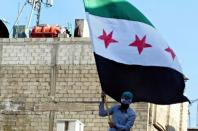 A handout image released by the Syrian opposition's Shaam News Network shows an anti-regime protester waving Syria's pre-Baath national flag during an anti-regime demonstration al-Sakhanneh area near Damascus on May 14. A convoy of UN truce observers came under attack in a Syrian town on Tuesday during a funeral procession in which a monitoring group said regime forces "massacred" 20 people