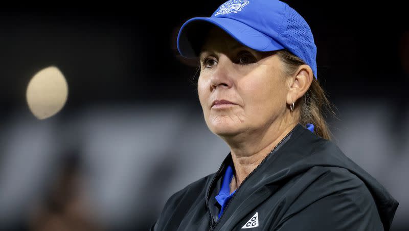 BYU head coach Jennifer Rockwood watches the game against Utah at Ute Field in Salt Lake City on Saturday, Sept. 9, 2023. Rockwood will lead the No. 1-ranked Cougars into their first Big 12 game ever Thursday night against TCU.