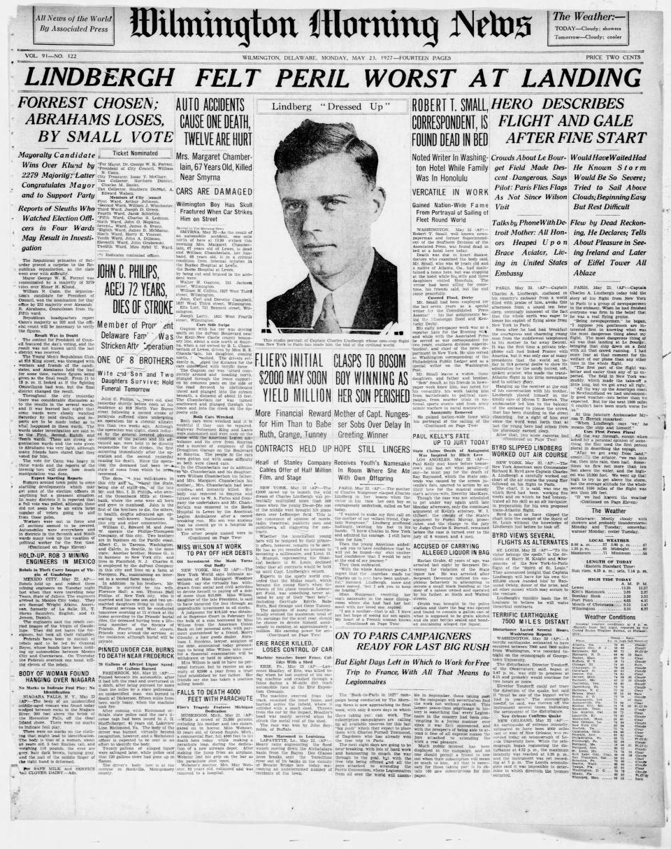 Front page of the Wilmington Morning News from May 23, 1927.