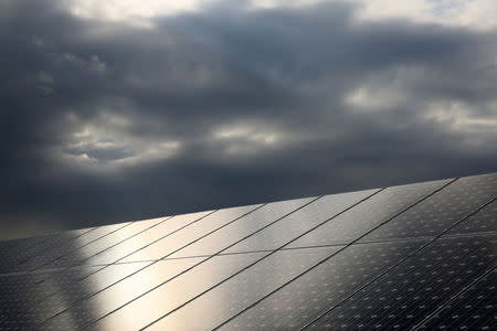 The sun is reflected on solar panels which produce renewable energy, on the island of Eigg, Inner Hebrides, Scotland May 28, 2014. REUTERS/Paul Hackett