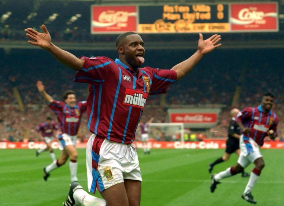 Dalian Atkinson celebrates scoring for Aston Villa against Manchester United in the Coca-Cola Cup final, 27 March 1994.