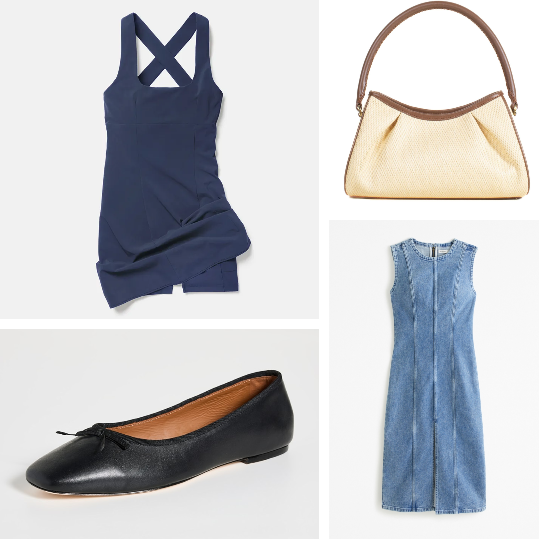  Product collage of outdoor voices dress, reformation ballet flats, ELLEME Dimple Raffia Shoulder Bag, abercrombie denim dress . 