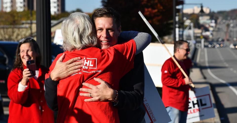 Massachusetts Republican gubernatorial candidate Geoff Diehl greets supporters Saturday at White City Plaza in Shrewsbury.