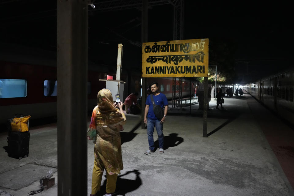 A man stands for a photograph at Kanyakumari, the last station of Thirukkural Express and the southern most point of India, Monday, April 22, 2024. (AP Photo/Manish Swarup)