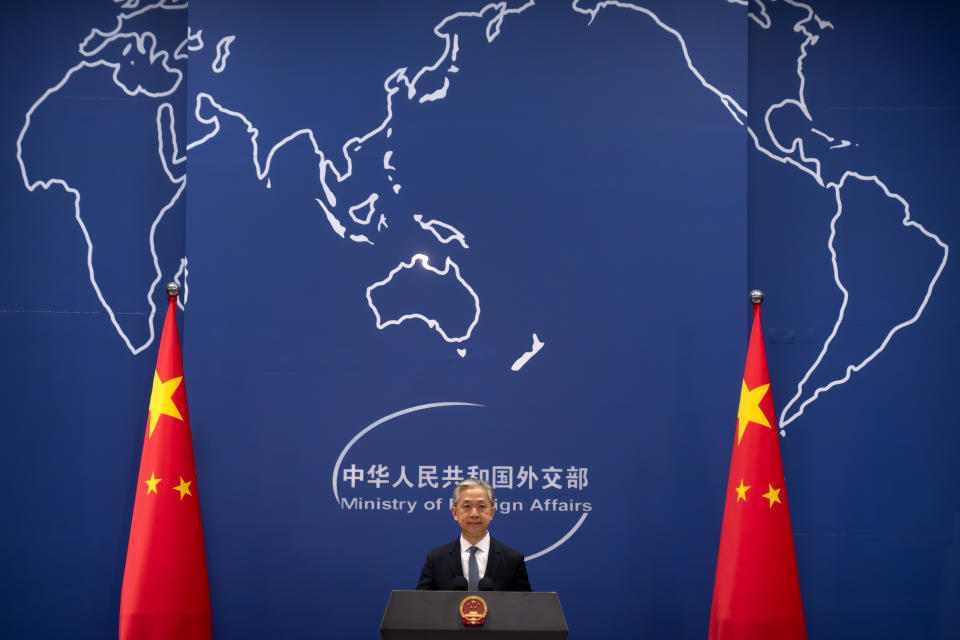 Chinese Foreign Ministry spokesperson Wang Wenbin speaks during a regular press conference in Beijing, Tuesday, May 9, 2023. China announced the expulsion of a Canadian diplomat on Tuesday in retaliation for Ottawa ordering a Chinese consular official to leave the country over alleged threats he made against a Canadian lawmaker and his family. (AP Photo/Mark Schiefelbein) ///