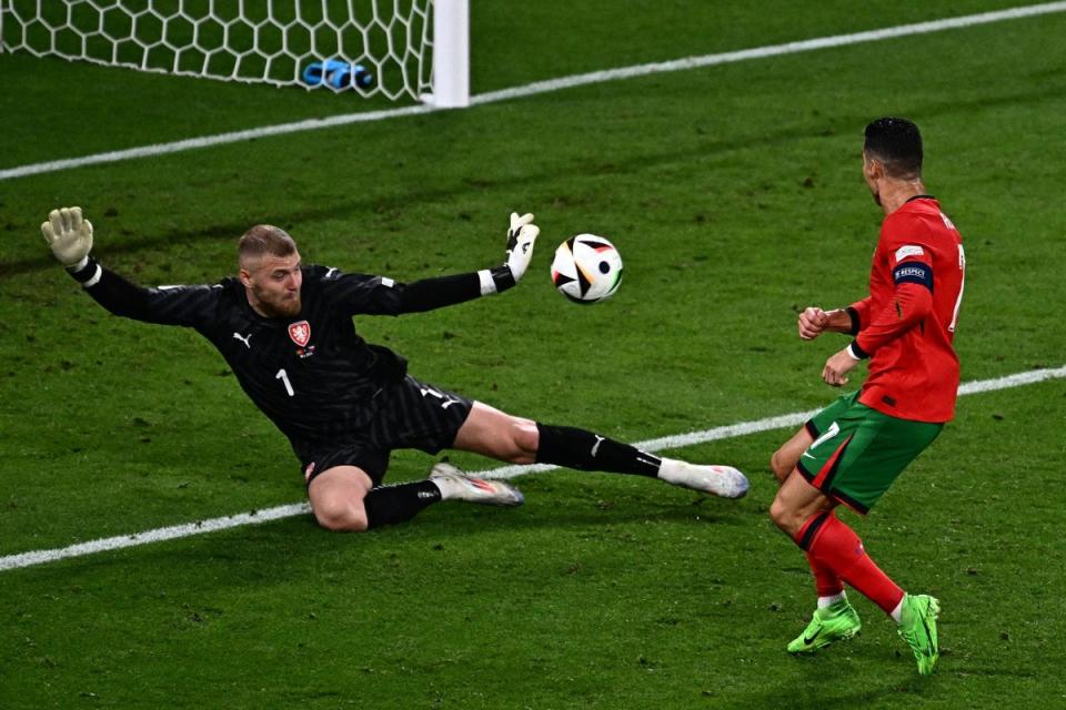 Cristiano Ronaldo was denied a goal at a sixth European Championship (AFP via Getty Images)