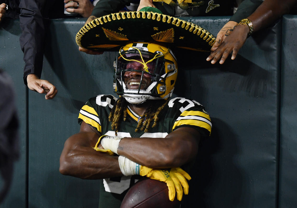 Aaron Jones of the Green Bay Packers wears a sombrero after scoring a touchdown against the Detroit Lions. (Photo by Quinn Harris/Getty Images)