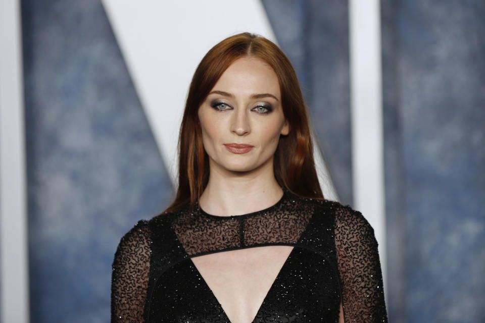 Sophie Turner on a red carpet in a dress with a sheer top and a plunging neckline