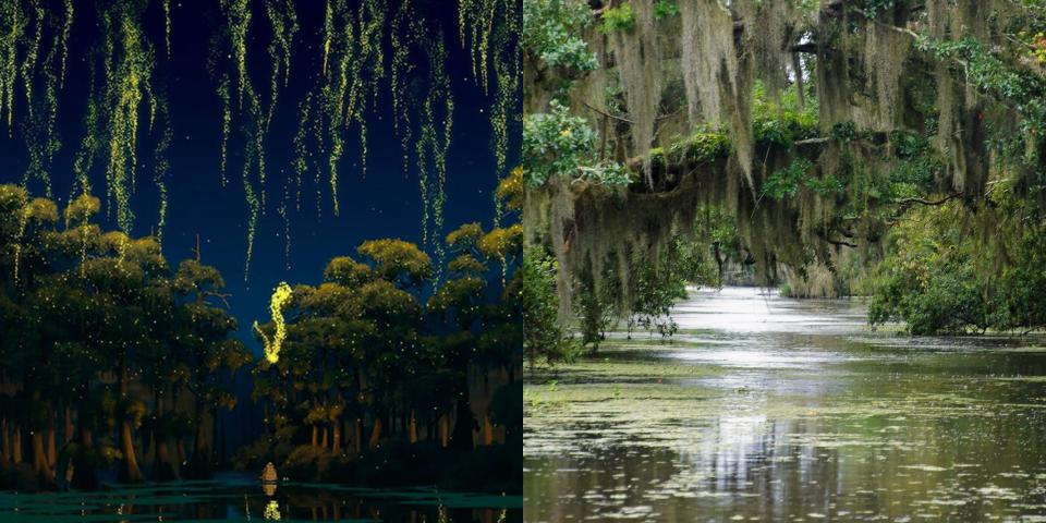 <p>Das Bayou von New Orleans, in das sich Titelheldin Tiana zusammen mit Prinz Naveen flüchtet, nachdem beide in Frösche verwandelt wurden, gibt es wirklich. In echt sieht es mindestens so magisch aus wie im Film, da mussten die Zeichner nicht viel verändern.<br> (Fotos: Disney, Flickr/<a rel="nofollow noopener" href="https://www.flickr.com/photos/34021842@N00/6148791851/" target="_blank" data-ylk="slk:saveblueplanet;elm:context_link;itc:0;sec:content-canvas" class="link ">saveblueplanet</a>) </p>