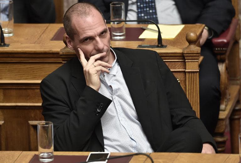 Greek Finance Minister Yanis Varoufakis attends a parliament session in Athens on March 30, 2015