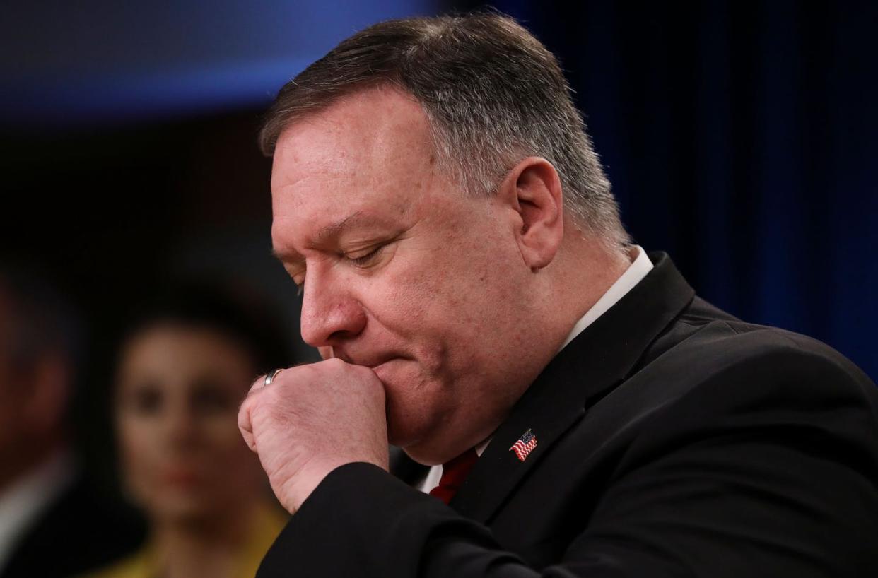 <span class="caption">Critics have accused Mike Pompeo of sculpting policy out of his religious beliefs.</span> <span class="attribution"><a class="link " href="https://www.gettyimages.com/detail/news-photo/secretary-of-state-mike-pompeo-clears-his-throat-as-he-news-photo/1209343602?adppopup=true" rel="nofollow noopener" target="_blank" data-ylk="slk:Leah Millis/AFP via Getty Images;elm:context_link;itc:0;sec:content-canvas">Leah Millis/AFP via Getty Images</a></span>