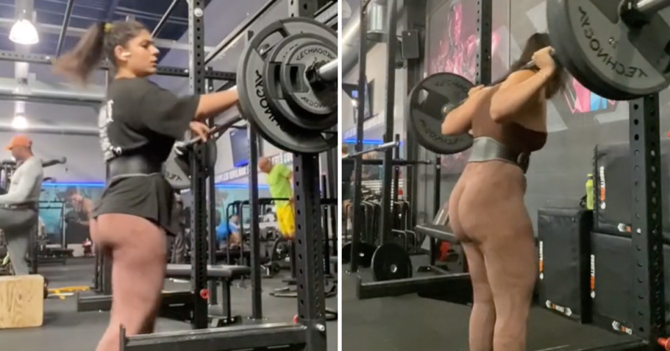 A woman lifts weights while wearing flesh-coloured pants.