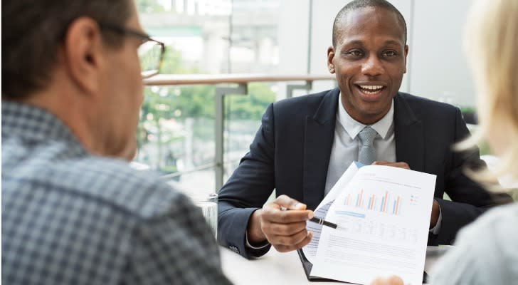 A financial advisor goes over Social Security estimates with a pair of clients who are approaching retirement age.