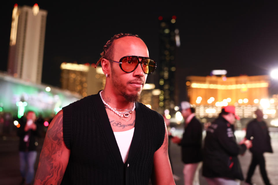 Lewis Hamilton of Mercedes before practice ahead of the Formula 1 Las Vegas Grand Prix at Las Vegas Strip Circuit in Las Vegas, United States on November 16, 2023. (Photo by Jakub Porzycki/NurPhoto via Getty Images)