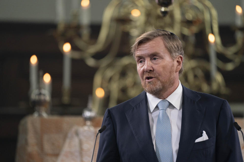 Dutch King Willem Alexander speaks at the Portuguese Synagogue during a ceremony marking the opening of the new National Holocaust Museum in Amsterdam, Netherlands, Sunday, March 10, 2024. (Bart Maat/Pool Photo via AP)