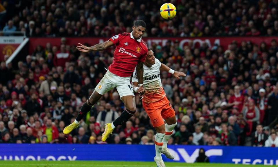 Marcus Rashford scores against West Ham with a towering header