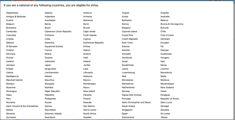 印度網上簽證平台的名單沒有列出中國、香港和澳門。（網頁截圖）