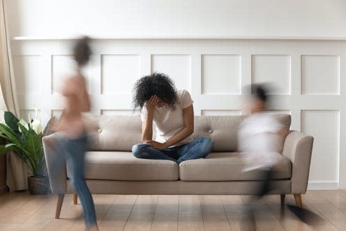 <span class="caption">Leaving the family home when children are involved brings psychological and practical barriers.</span> <span class="attribution"><a class="link " href="https://www.shutterstock.com/image-photo/frustrated-stressed-single-african-mom-having-1413108830" rel="nofollow noopener" target="_blank" data-ylk="slk:fizkes | Shutterstock;elm:context_link;itc:0;sec:content-canvas">fizkes | Shutterstock</a></span>