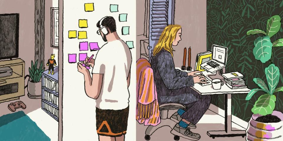 Illustration of husband hanging sticky notes on a wall and wife working at a home desk