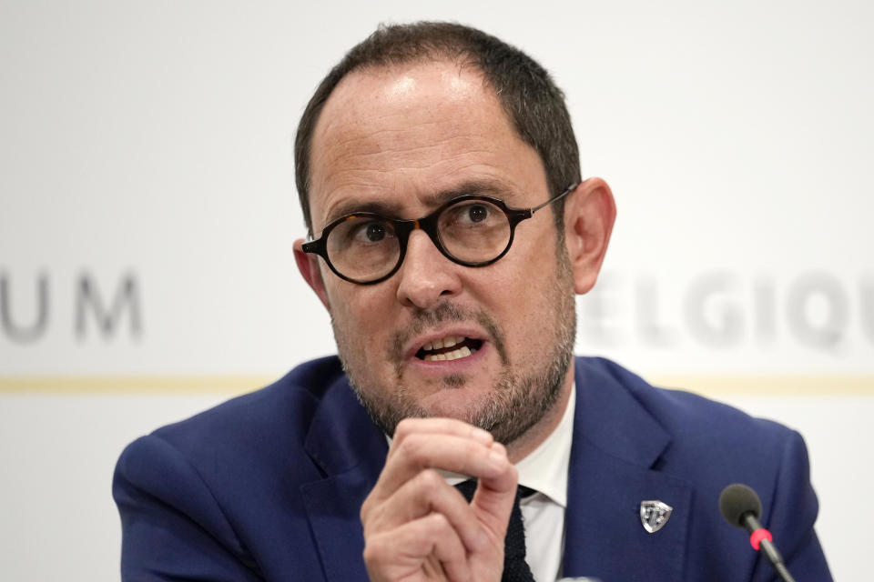 FILE - Belgian Minister of Justice Vincent Van Quickenborne gestures as he speaks during a press conference in Brussels, on Oct. 17, 2023. Belgium's justice minister resigned on Friday, Oct. 20, 2023 after it was discovered that Tunisia was seeking the extradition last year of an Islamic extremist who shot dead two Swedes and wounded a third this week in Brussels. (AP Photo/Martin Meissner, File)