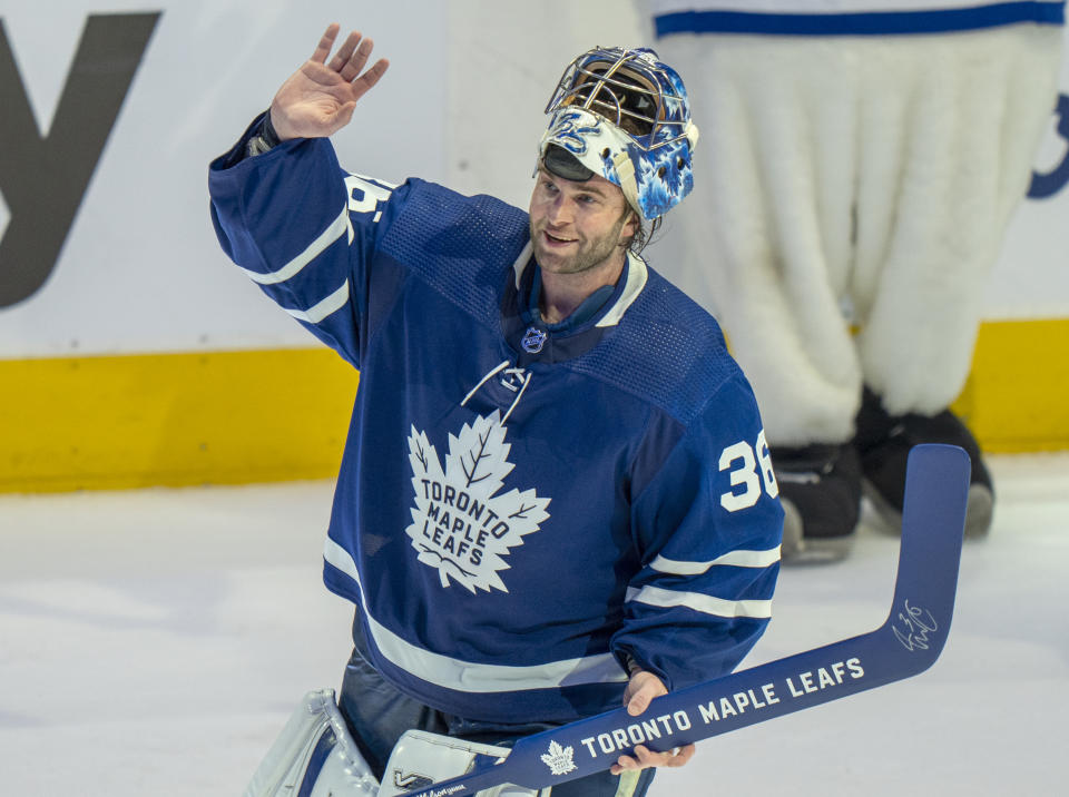 FILE - Toronto Maple Leafs goaltender Jack Campbell (36) waves to the crowd after being voted the first star after a shutout performance in a 5-0 win over the Tampa Bay Lightning in Game 1 of an NHL hockey Stanley Cup first-round playoff series, Monday, May 2, 2022 in Toronto. The Edmonton Oilers have agreed to terms with Jack Campbell, a person with knowledge of the move spoke to The Associated Press on condition of anonymity Wednesday, July 13, 2022, because the deal had not been announced. (Frank Gunn/The Canadian Press via AP, File)