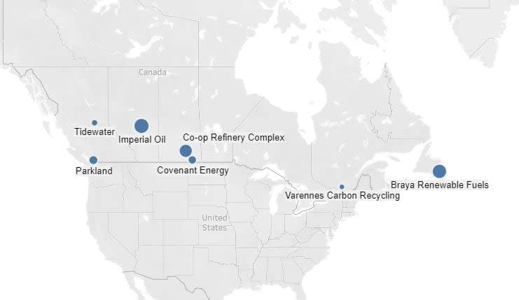 Canada Energy Regulator published a market snapshot of the the country's renewable diesel industry in 2023. This map, which comes from that snapshot, shows seven refineries that were either open or under construction at the time.