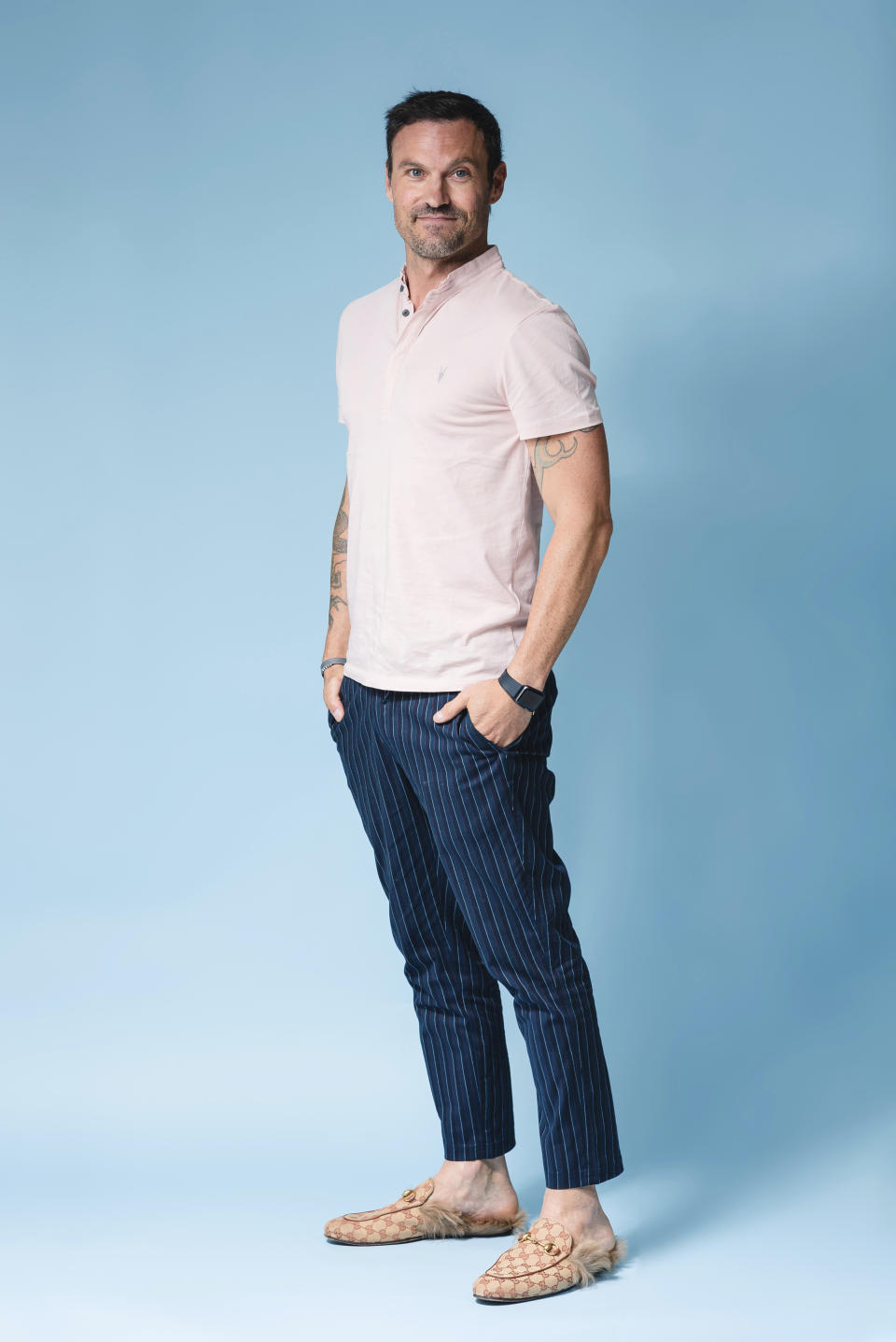 Brian Austin Green poses for a portrait at The Associated Press on Tuesday, Aug. 13, 2019, in New York City. Green says if Tori Spelling and Jennie Garth, along with the other creators of "BH90210," had approached him with a standard reboot of the 90s drama, he would've said no. (Photo by Christopher Smith/Invision/AP)