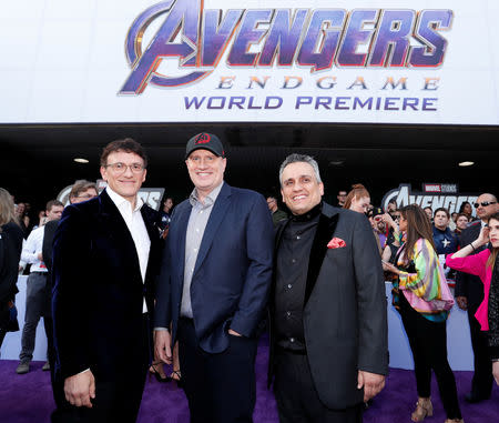 Director Anthony Russo (L to R) Producer Kevin Feige and Director Joe Russo pose on the red carpet at the world premiere of the film "The Avengers: Endgame" in Los Angeles, California, April 22, 2019. REUTERS/Mario Anzuoni