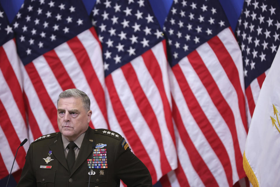 Chairman of the Joint Chiefs of Staff Gen. Mark Milley speaks during a media conference after a meeting of NATO defense ministers at NATO headquarters in Brussels, Wednesday, Oct. 12, 2022. (AP Photo/Olivier Matthys)