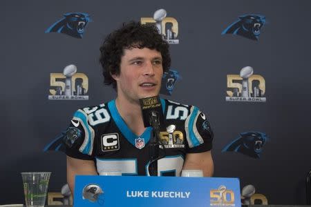 February 3, 2016; San Jose, CA, USA; Carolina Panthers middle linebacker Luke Kuechly (59) addresses the media during a press conference prior to Super Bowl 50 at San Jose Convention Center. Mandatory Credit: Kyle Terada-USA TODAY Sports -