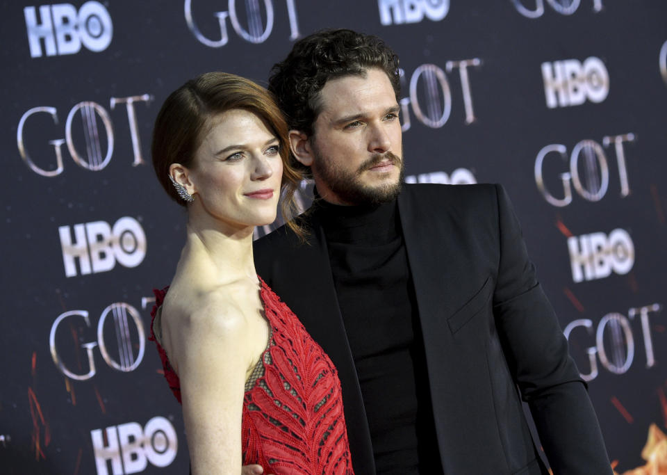 FILE - Actors Kit Harington, right, and wife Rose Leslie attend HBO's "Game of Thrones" final season premiere on April 3, 2019, in New York. Leslie and Harington have welcomed their second child. A publicist for Harington confirmed Monday that the couple, who famously met on the set of “Game of Thrones” and are now both 36, have added a daughter to their family. Further details weren't immediately available. (Photo by Evan Agostini/Invision/AP, File)