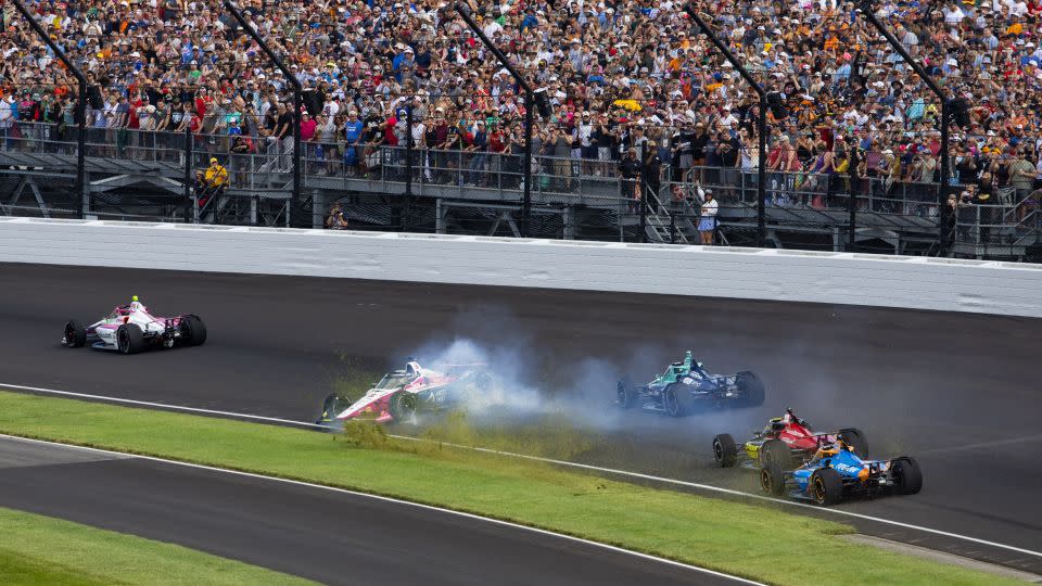 Indycar Series driver Tom Blomqvist (66) crashes on the the first lap of the race. - Mark J. Rebilas/USA Today Sports/Reuters