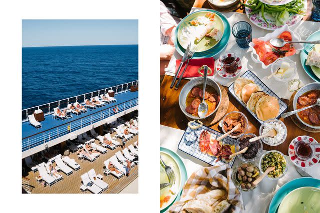 <p>Federico Ciamei</p> From left: Taking in the sun—and the views—as the Riviera cruises the Adriatic; an elaborate breakfast spread during a tour of Kuşadasi, Turkey.