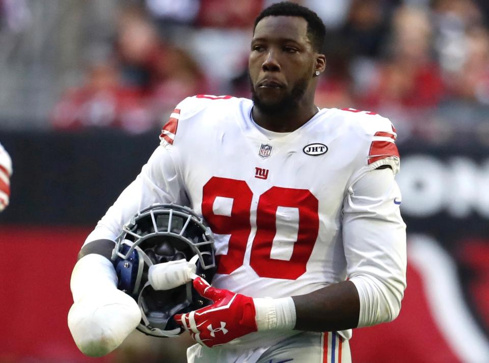 Jason Pierre-Paul has played with a club on his right hand since mangling it in a 2015 fireworks explosion and reminded revelers to be safe on July 4. (AP)