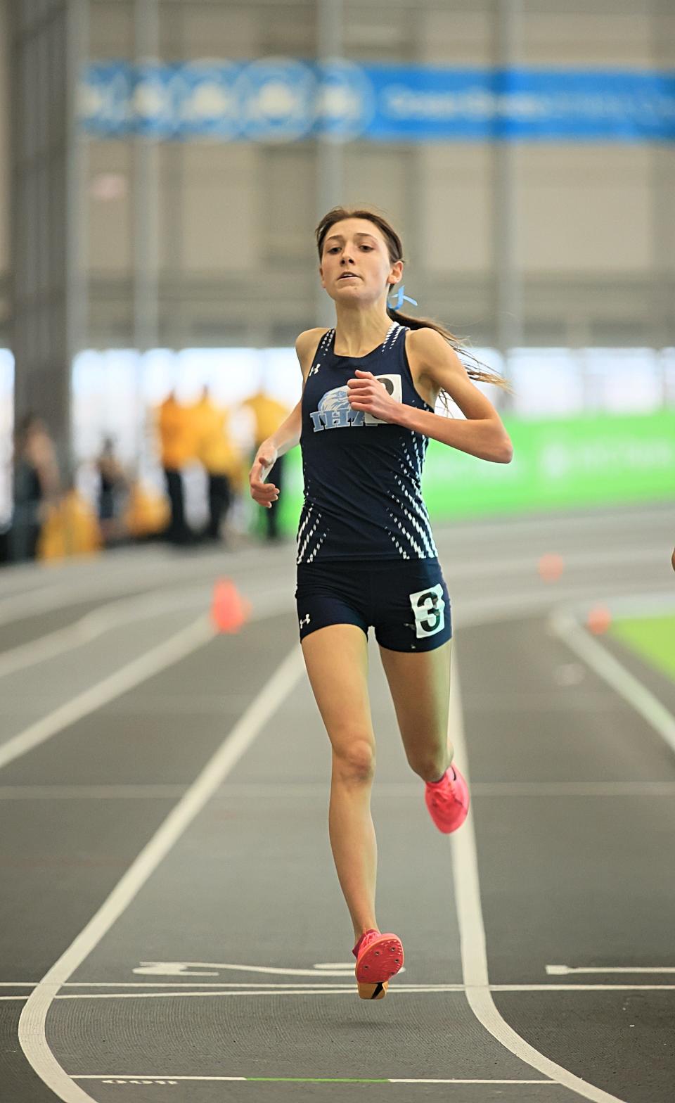 Leanna Johnston of IHA as she finishes second and crushes the Bergen County indoor 3200 mark at the State Meet of Champions on March 5, 2023