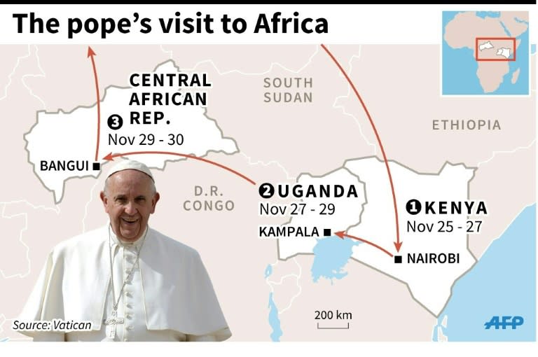 Map showing Pope Francis' scheduled tour of African countries later this month. 90 x 60 mm