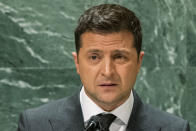 Ukraine President Volodymyr Zelenskiy speaks during the 76th session of the United Nations General Assembly, Wednesday, Sept. 22, 2021, at UN headquarters. (Eduardo Munoz/Pool Photo via AP)