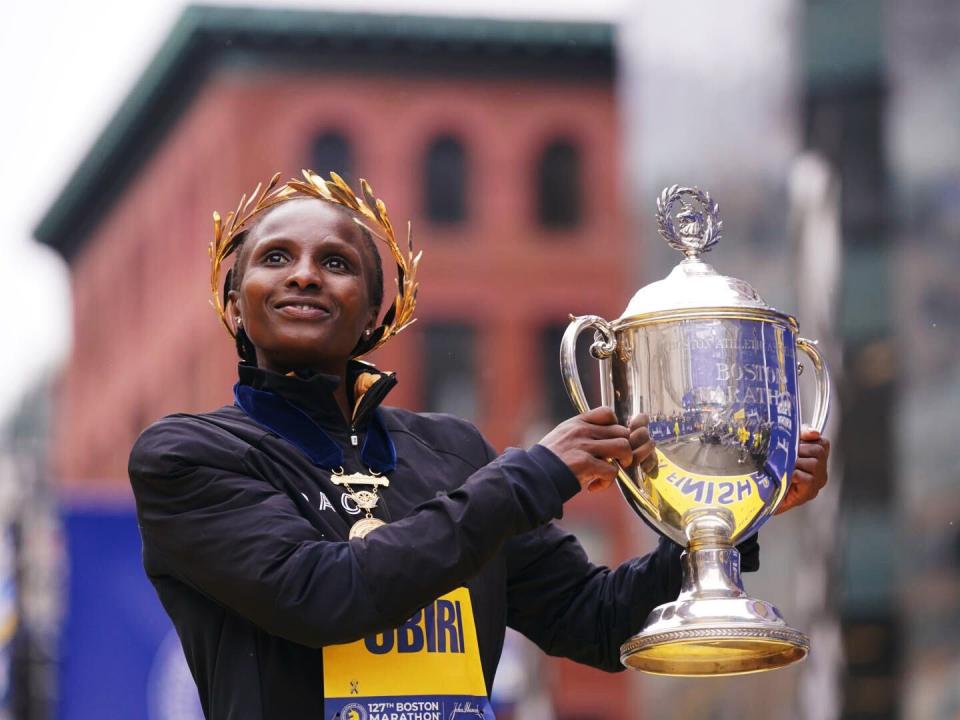 award ceremony for first place of the boston marathon on monday, april 17 2023