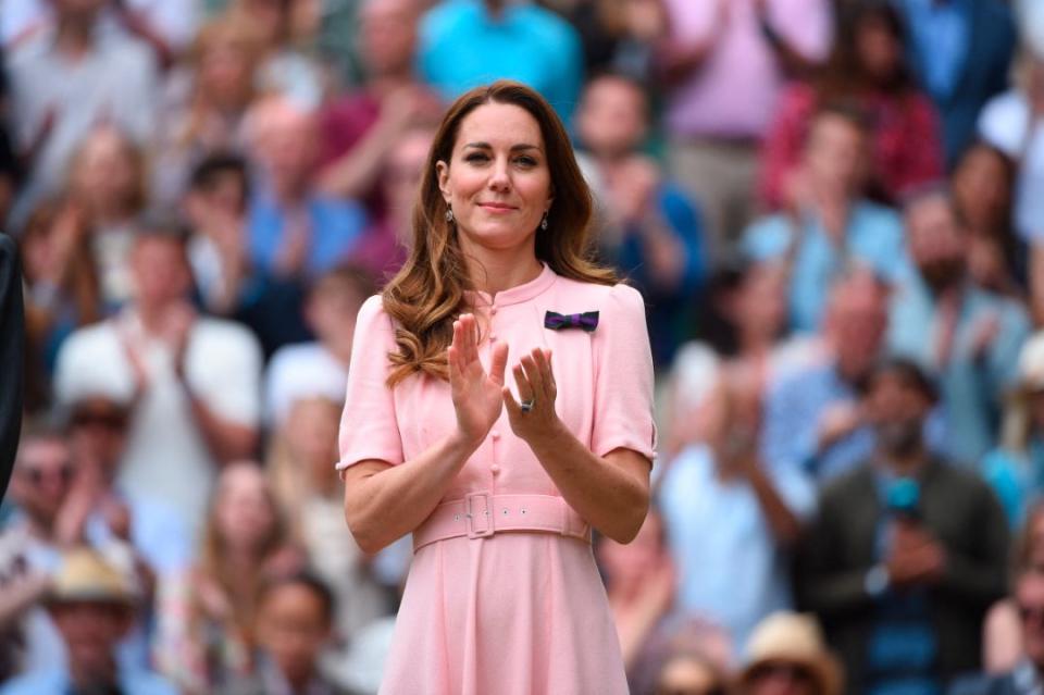 Kate Middleton attends the men’s final at the 2021 Wimbledon Championships at the AELTC in London, UK on July 11, 2021. - Credit: AP