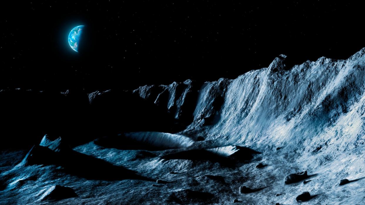  an illustration of a crater on the moon with Earth in the distance 