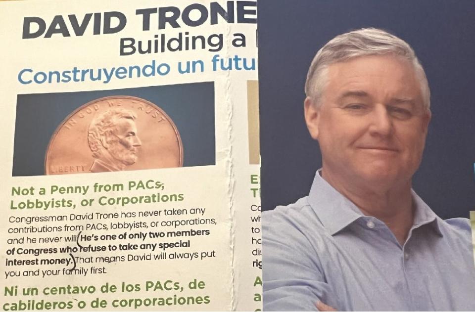 An excerpt from a David Trone for Maryland U.S. Senate ad stating, in English and Spanish, that Trone has never taken any contributions from PACs, or political action committees. The ad was obtained at a Trone campaign event on Oct. 15, 2023 in Hyattsville, Md.
(Credit: Dwight A. Weingarten)